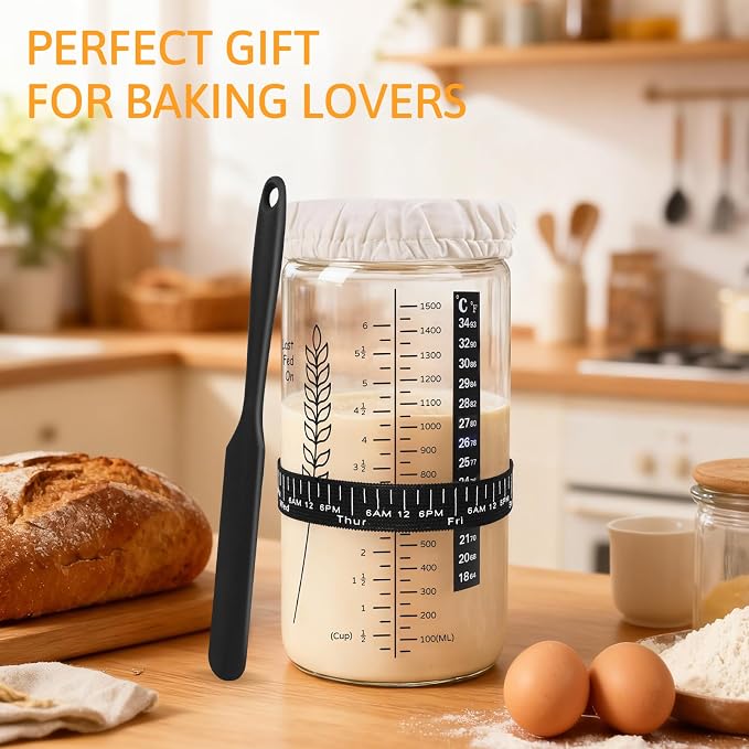 57oz Sourdough Starter Jar Kit, Extra Large Capacity Sourdough Jar | Wide Mouth Sourdough Bread Starter Kit for Perfect Sour Dough Bread (Black)