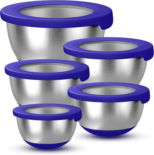 KITEISCAT Stainless Steel Mixing Bowls with Lids – Set of 5 Large Nesting Metal Bowls for Kitchen, Baking, Cooking, Food Prep & Storage, Non-Slip Base, Dishwasher Safe,Blue