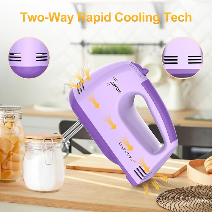 LILPARTNER Electric Hand Mixer with Storage Box, Ultra Power Kitchen Hand Mixer With 7-Speed & 5 Stainless Steel Accessories for Whipping Dough, Cream, Cake, Dishwasher Safe, PURPLE BOX