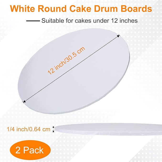 12 inch Round Cake Drum Boards, Dulinkas 1/4 Inch Thick White Corrugated Cardboard Cake Base Grease-Resistant Cake Boards for Multi-Layer Cakes, Weddings & Parties 2 Pack