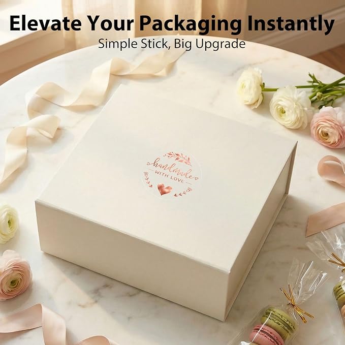 100PCS Handmade with Love Stickers, Gold Round Labels for Bakery Boxes, Cookies Bags, Small Business Packaging, Gift Wrapping, Party Dessert Table Treat Bags & Favor Seals 1.6“ (Rose Gold)