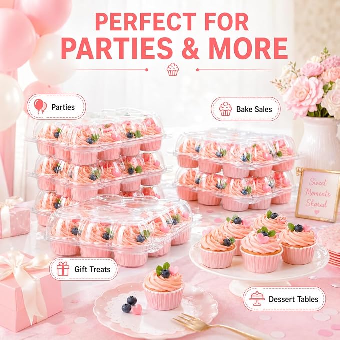 Cupcake Containers Holder - 12 Counts x 16 Sets Stackable Cupcake Boxes Carrier with 200 Pack Liners, Plastic Disposable Clear Cupcake Storage Tray with Detachable Dome Lid for Mini Individual Cake