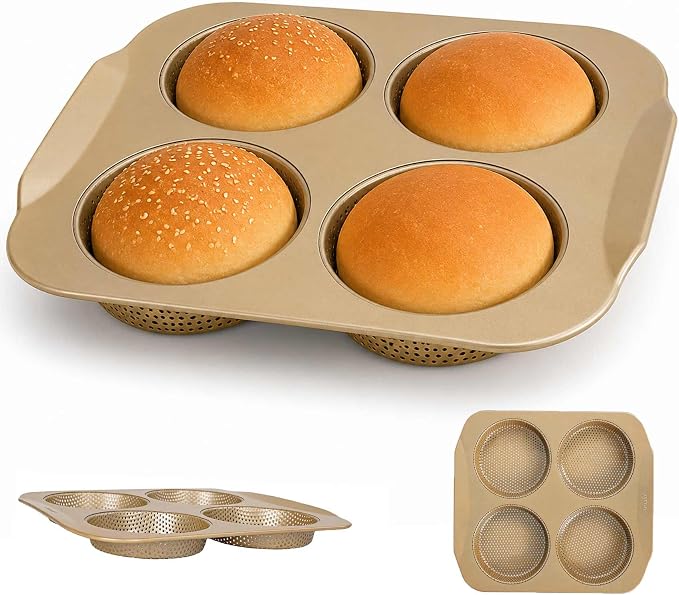 Hamburger Bun Pan for Baking, 4-Cavity 5 Inch Nonstick Bun Baking Pan, Perforated Carbon Steel Bread Pan for Homemade Burger Buns, Sandwich Rolls, Baking Tray