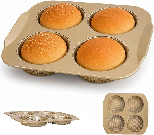 Hamburger Bun Pan for Baking, 4-Cavity 5 Inch Nonstick Bun Baking Pan, Perforated Carbon Steel Bread Pan for Homemade Burger Buns, Sandwich Rolls, Baking Tray