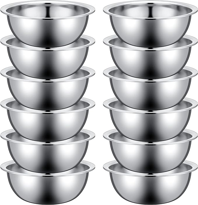Pinkunn 12 Pcs Stainless Steel Mixing Bowls, Nesting Metal Salad Prep Bowls Bulk Reusable Baking Food Container Large Medium Small for Kitchen Hotel Restaurant Cooking, Silver (11.8 x 3.74 Inch)