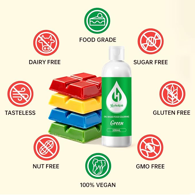 Green Oil Based Food Coloring for Chocolate – Herbeklab 100ml Professional Concentrated Oil Food Dye for Candy Melts, Chocolate, Cake Pops, Strawberries & Baking