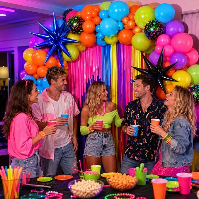 Neon Balloon Arch Kit, 122Pcs Bright Orange Green Blue Hot Pink Yellow Purple Black Rainbow Balloons with Foil Star Balloons for 80s 90s Neon Party Rainbow Birthday Decorations Disco Party Backdrop