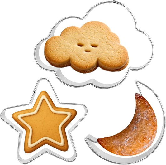 Star + Moon + Cloud Cookie Cutters, 3PCS Stainless Steel Cookie Cutter Set, Cute Biscuit Cutter for Cake, Fondant, Sandwich and Fruit, Funny Biscuit Mold for Birthday, Baby Shower, Gender Reveal Party