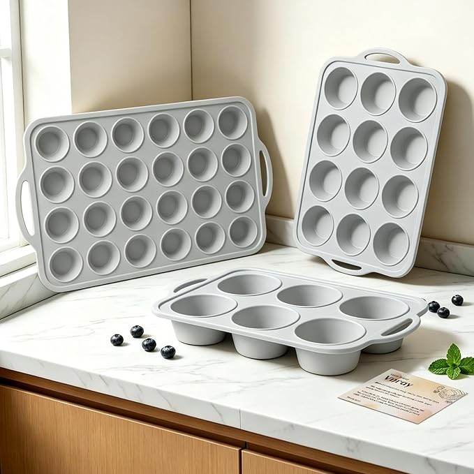 3Pcs Silicone Muffin Pan 6, 12 and 24 Cup with Metal Frame, Non Stick Jumbo Cupcake Pan with Handles, BPA Free Silicon Mini Muffin Tin Regular Tray For Baking,Egg Bites,Mold Light Grey