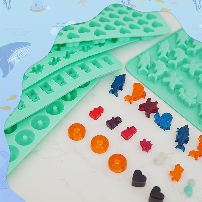 Zorazio 7Pcs Gummy Bear Molds Silicone, Nonstick Ocean Animals Gummy Molds Includes Bear, Starfish, Dolphins, Octopus, Gummy Candy Chocolate Molds with 2 Droppers for Convenient Filling