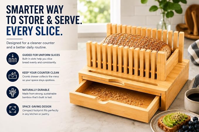 Bamboo Bread Slicer with Crumb Catcher Tray, Adjustable Slicing Guide and Knife Storage Drawer - Even Slice Loaf Cutter