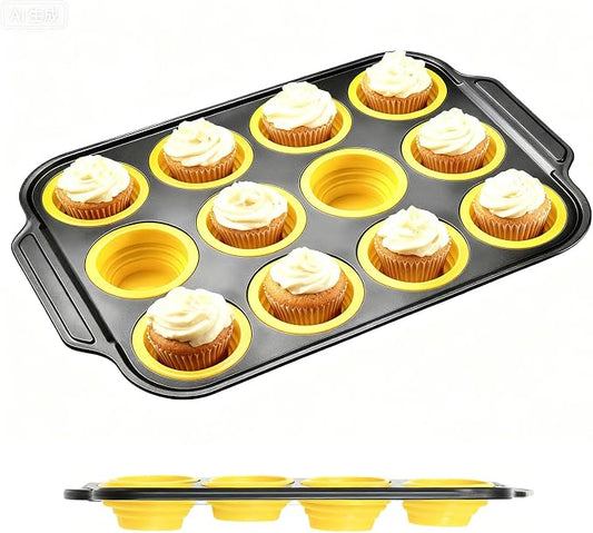 Collapsible Silicone Cupcake Pan, Egg Bites Silicone Mold & Donut Molds for Baking, 12-Cavity Pressable Tray, Perfect for Muffins, Egg Bites & Donuts