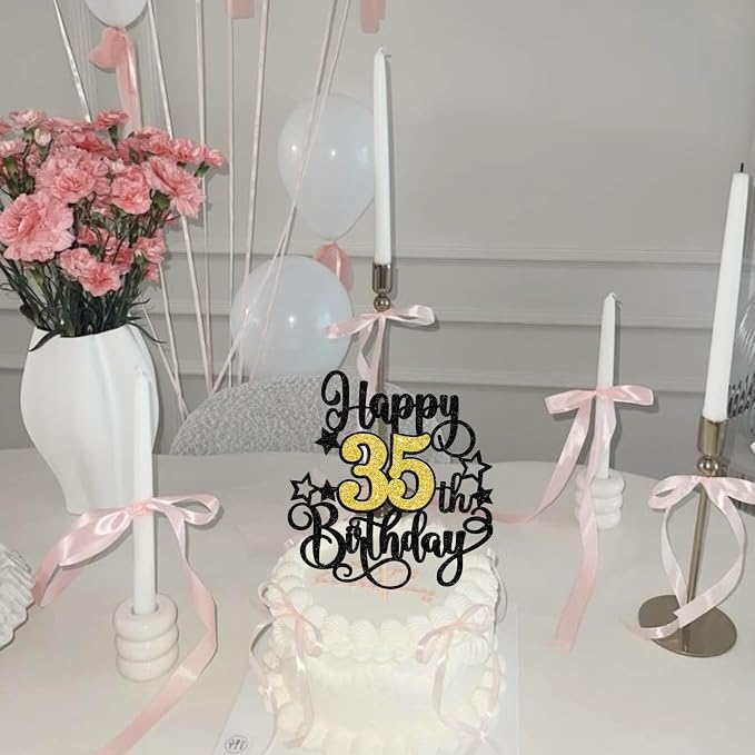 1 PCS Happy 35th Birthday Cake Topper Black Gold Glitter Cheers to 35 Years Birthday Cake Pick Hello 35 Fabulous Cake Decoration for Happy 35th Birthday Anniversary Party Decorations Supplies