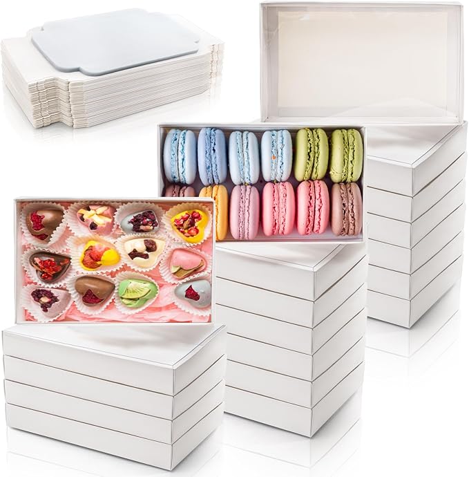 Tebery 50 Pack Cookies Boxes with Full Clear Window, 9.5 x 6 x 1.25 Inch Pastry Bakery Box, Macaron Treat Packaging Boxes for Wedding, Party, Take Out Container for Chocolate, Donuts, Muffin, Dessert