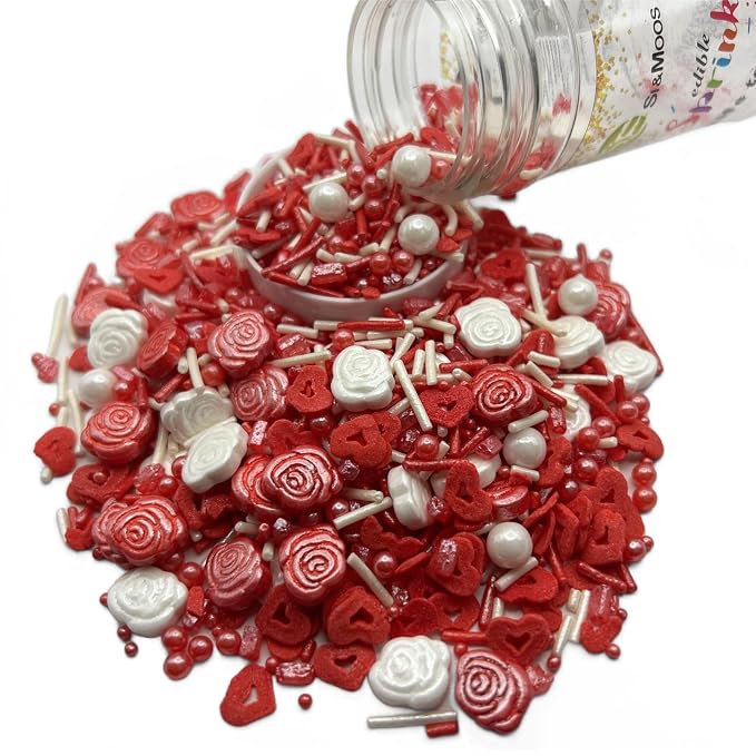 SE Si&Moos Valentine Sprinkles Edible Red and White Roses for Cake Decorating Heart Confetti Red and White Sprinkles for Cake Decorations, Baking, Ice Cream, Cookies, Cupcake Toppers Party Baby Shower Holiday Supplies 3 OZ