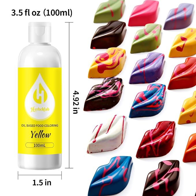 Yellow Oil Based Food Coloring for Chocolate – Herbeklab 100ml Professional Concentrated Oil Food Dye for Candy Melts, Chocolate, Cake Pops, Strawberries & Baking
