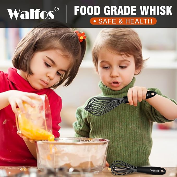 Walfos Silicone Whisk,7+9in Mini Whisk,BPA Free,Small Whisks for Non-Scratch,Heat Resistant (450°F) Nice for stirring individual eggs and mixing small amounts of powder and sauce.Dishwasher Safe.Black