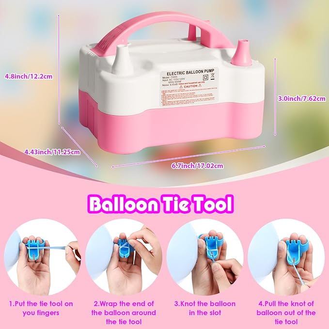 Balloon Pump Electric, Portable Automatic Dual Nozzle Inflator 110V 600W with Tying Tools for Birthday Gender Reveal Baby Shower Balloons Party Decorations