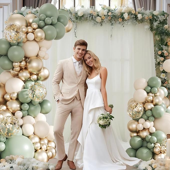 Sage Green Gold Balloon Arch Kit, 143Pcs Sage Green and Sand White Gold Balloons Garland Arch Kit Coffetti Balloons for Birthday Wedding Baby Shower Gender Reveal Decorations