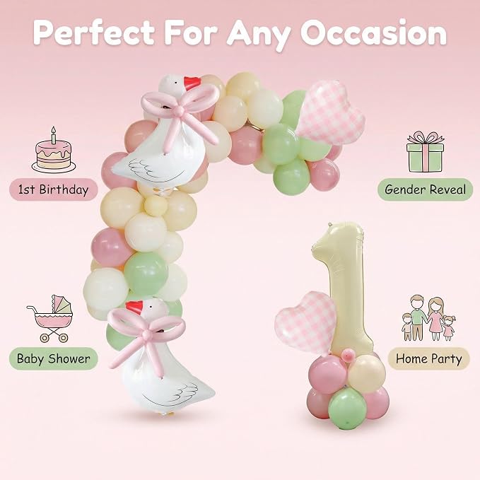 One Silly Goose 1st Birthday Balloon Arch Kit - Light Green, Soft Pink, Cream Macaron Balloon Garland with Goose Foil Balloons and 32" Cream Number 1 for Girls Boys First Birthday Party Decorations