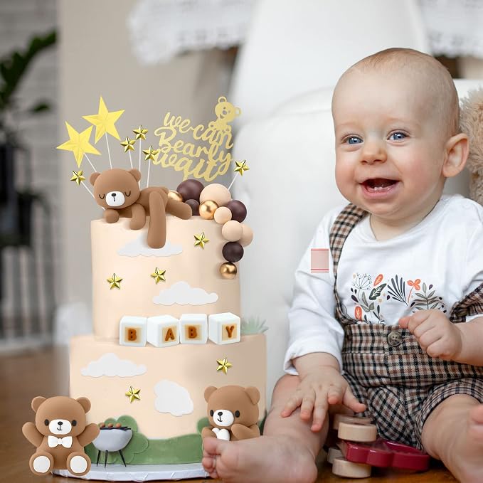 Yinder Bear Cake Toppers Mini Bear Cake Decorations Cake Toppers Gold White Pearl Ball for Birthday Party Decorations(Dark Brown,Cute Style)
