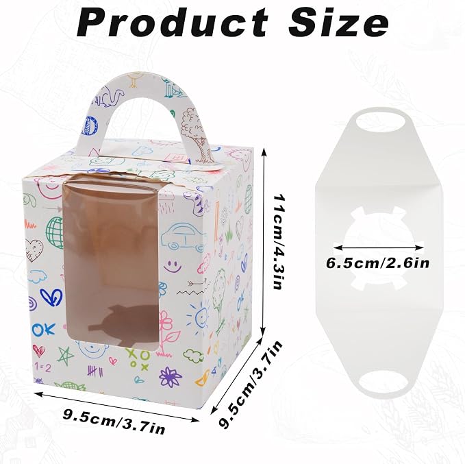 KEYIDO 30 Pcs Individual Cupcake Boxes Graffiti Pattern Single Cupcake Boxes 1 Hole Cake Box with Clear Window Inserts and 2 Sheets of Stickers for Wedding Birthday Party Favors