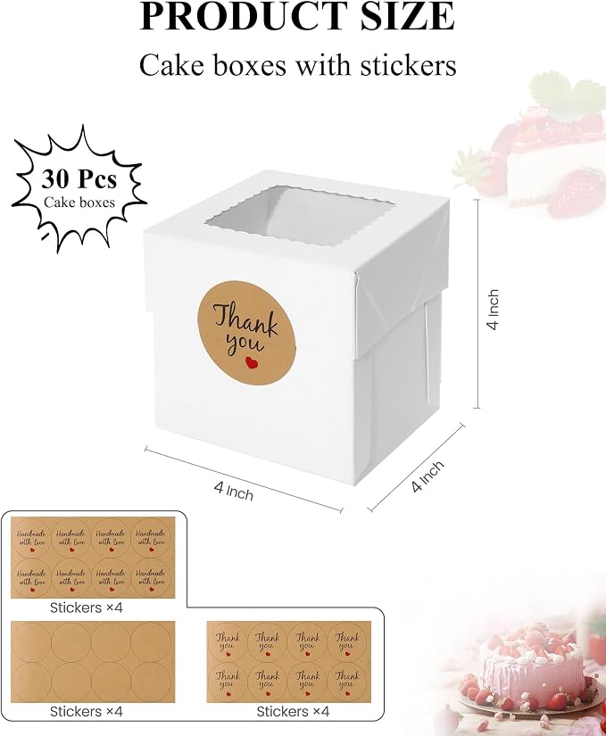COTOPHER 30Pcs Mini Cake Boxes, 4x4x4 Inches White Bakery Boxes with Window, Small Dessert Box Cake Packaging for Pastries, Cookies, Chocolates, Cupcakes, Birthday Party, Wedding