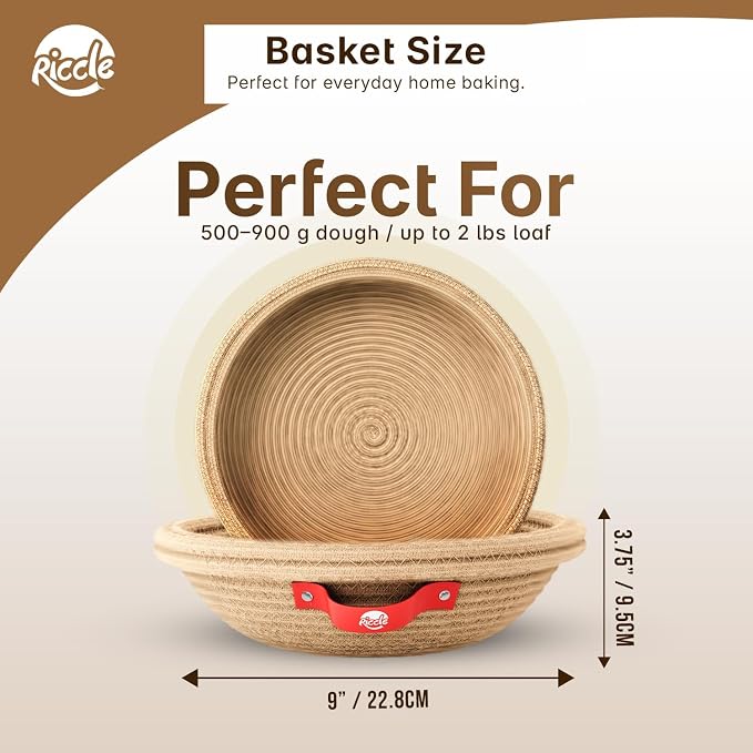 Riccle Cotton Rope Banneton Bread Proofing Basket Set,Pack Of 2, 9 Inch Round Bread Basket with Liners & Covers for Artisan Bread Baking, Sourdough Bread Baking Supplies