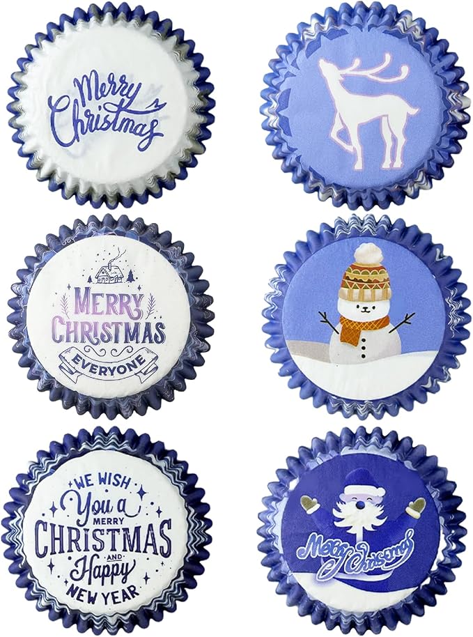 qiqee Christmas Cupcake Liners Mini 300PCS Gradient Bue Cupcake Cups 6 Designs Cupcake Papers Baking Cups Wrappers For Holiday Party Supply (Small Size)