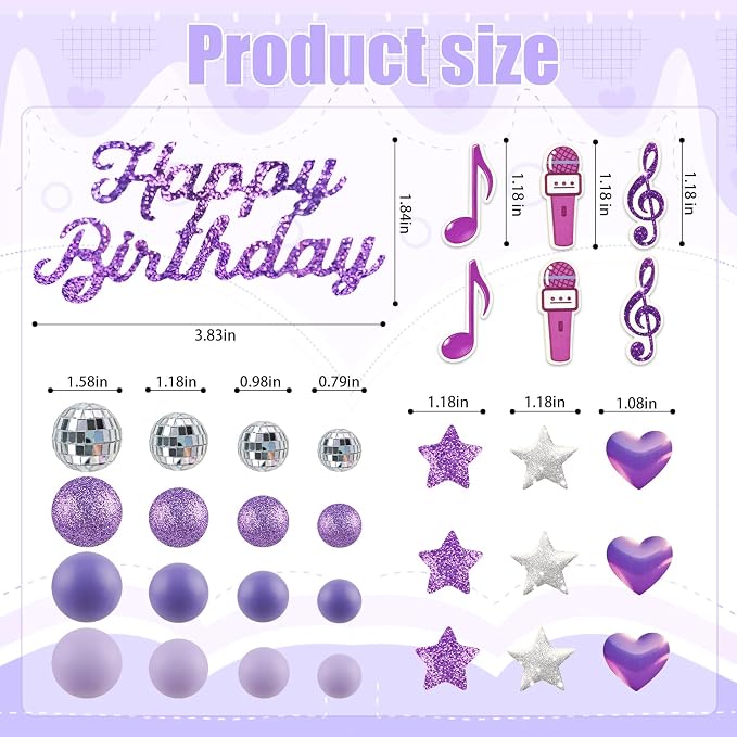 MEMOVAN Purple Music Cake Topper Popular Singer Birthday Cake Decorations with Purple Disco Ball Singer Stars Cake Decorations for Music Singer Kpop themed Birthday Party Supplies