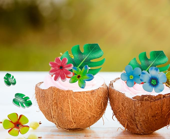 83pcs Edible Tropical Turtle Leaves Flower Cupcake Toppers Wafer Paper Palm Leaf Flower Cake Topper Edible Cake Decoration for Hawaii Aloha Jungle Summer Theme Wedding Birthday Baby Shower