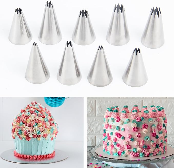 Small Piping Tip Set of 9, 304 Stainless Steel Open Star Seamless Icing Tips, Durable Frosting Nozzles for Cupcakes, Cookies, Cake Decorating, and Baking Tools (Small)