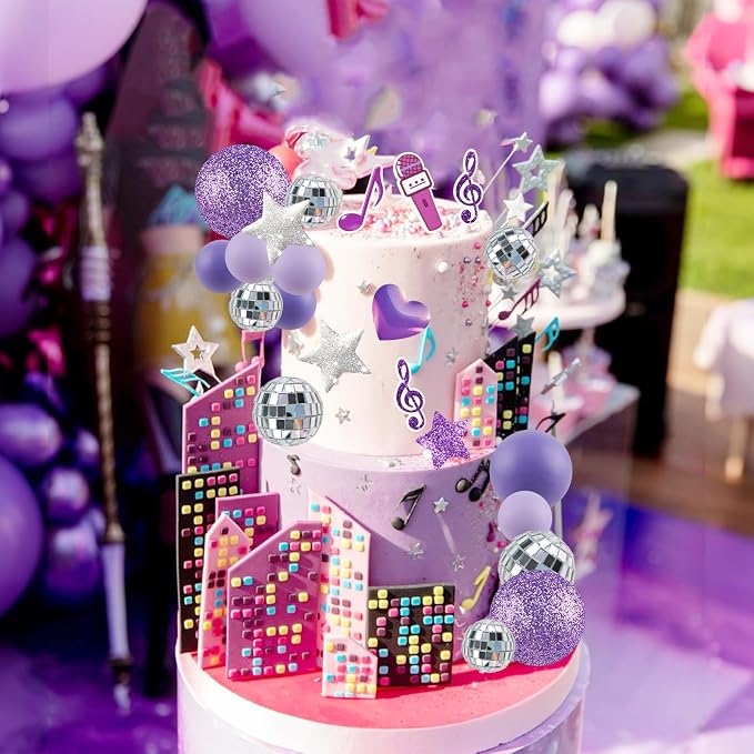 MEMOVAN Purple Music Cake Topper Popular Singer Birthday Cake Decorations with Purple Disco Ball Singer Stars Cake Decorations for Music Singer Kpop themed Birthday Party Supplies