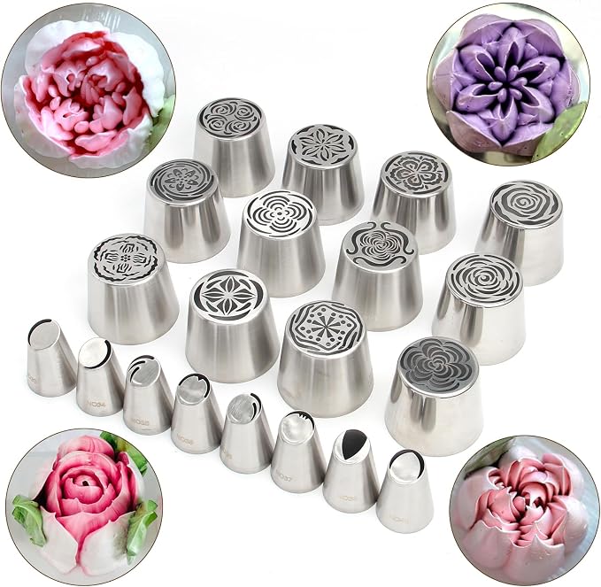 22-Piece Extra Large Russian Icing Nozzle Set, Stainless Steel Rose Tulip Cake Decorating Tips, Includes 12 Jumbo Nozzles, 8 Large Nozzles, and 2 Brushes, Kitchen Baking Tool
