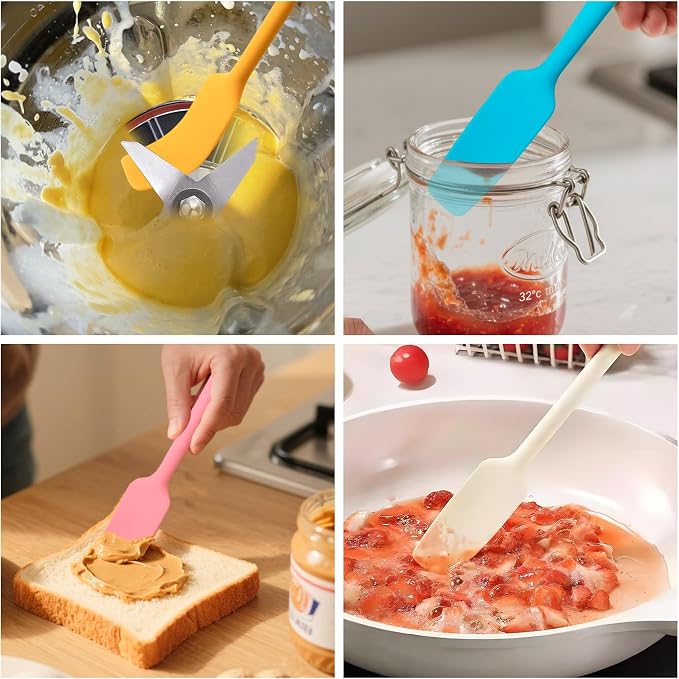 Silicone Jar Spatulas 4 Pack | Long Handle Heat Resistant 600°F Non-Stick Scrapers | for Mason Jars, Baking, Cake Icing, Jam, Blenders | Small Kitchen Utensils | 4 colors