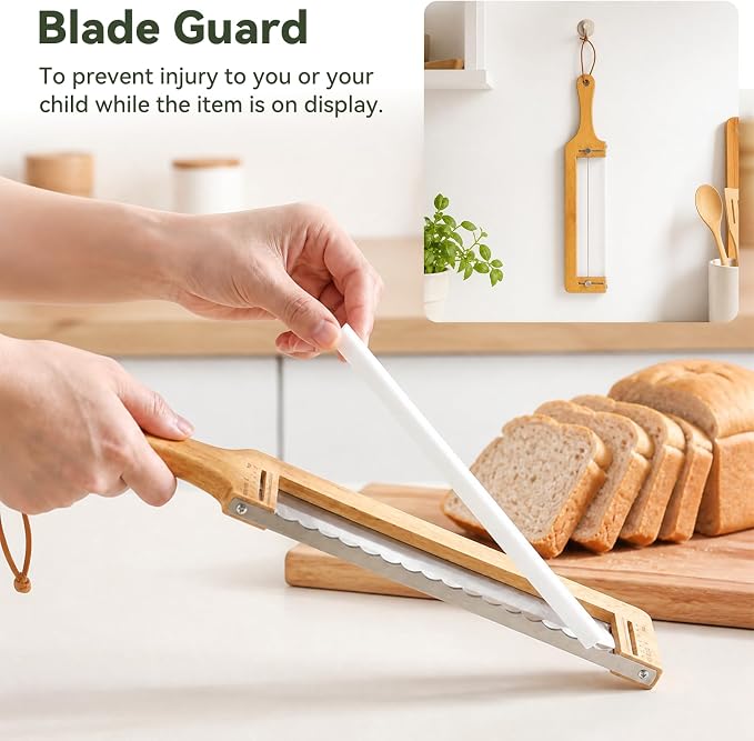 Adjustable Bread Knife with 3 Cheese Knives & Butter Knives, Adjustable Bread Slicer for Homemade & Sourdough Bread, Sandwich Bread Slicer with Thickness Guide, Serrated Bread Bow Knife