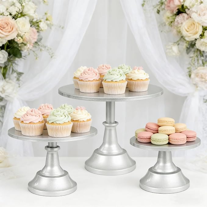 3 Pcs Cake Stand Set Metal Round Cake Holder Cupcake Stands 8/10/12 inch Silvery Dessert Display Stands Dessert Table Decorations for Birthday Parties, Baby Shower,Wedding Banquets and Anniversary