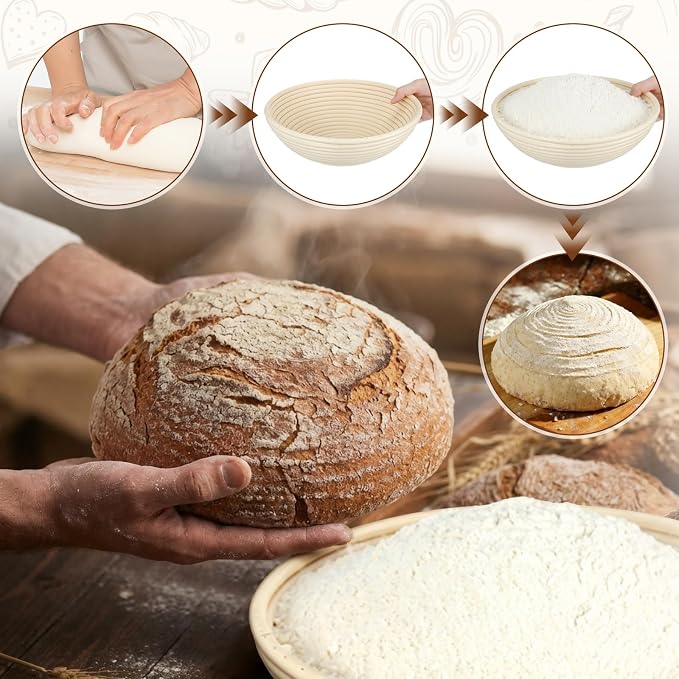 2 Pack 10 Inch Banneton Bread Proofing Basket with Clear Lid, Sourdough Bread Baking Bowl, Round Dough Proofing Bowls, Natural Rattan Sourdough Baskets for Bakers Food Vegetables Display
