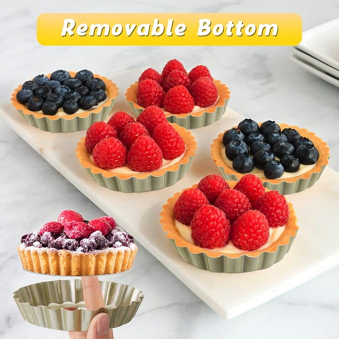 Uiifan 32 Pcs Mini Tart Pans, 4 Inch Nonstick Egg Tart Molds with Removable Bottom, Round Fluted Quiche Pan for Pie, Mousse Cake, Dessert Baking,Cheesecake, Gold
