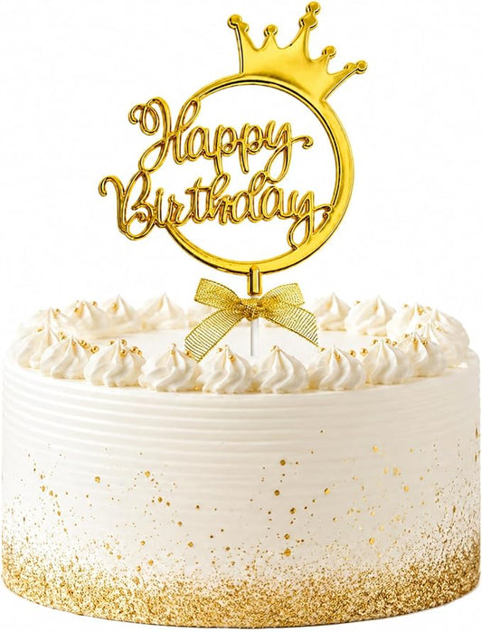 Ecanna Gold Acrylic Happy Birthday Cake Topper with Crown and Bow | Glossy gold acrylic script with crown and bow adds an elegant finishing touch to birthday cakes and celebration desserts.