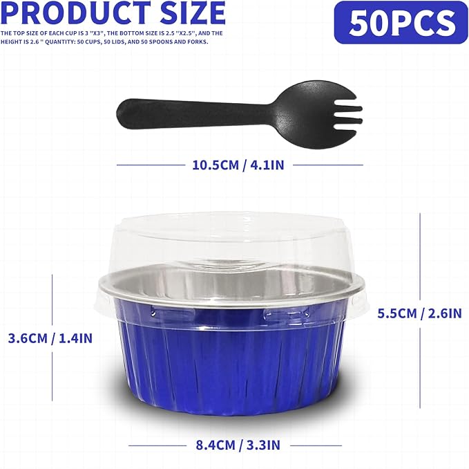 4th of July 50Pcs Mini Aluminum Foil Cupcake Baking Cups,5oz Mini Cake Pans Disposable, Loaf Pans with Lids,Disposable Ramekins,Tin Cups Containers for Cupcake,Pudding,Muffin(50, Blue)