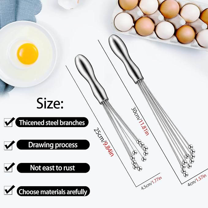 2Pcs Ball Whisk Set — Stainless Steel Whisk Set with Comfortable Ergonomic Handle | Excellent for Eggs, 10 Ball Head, Easy to Clean — Compact 12” & 10” for Versatile Stirring