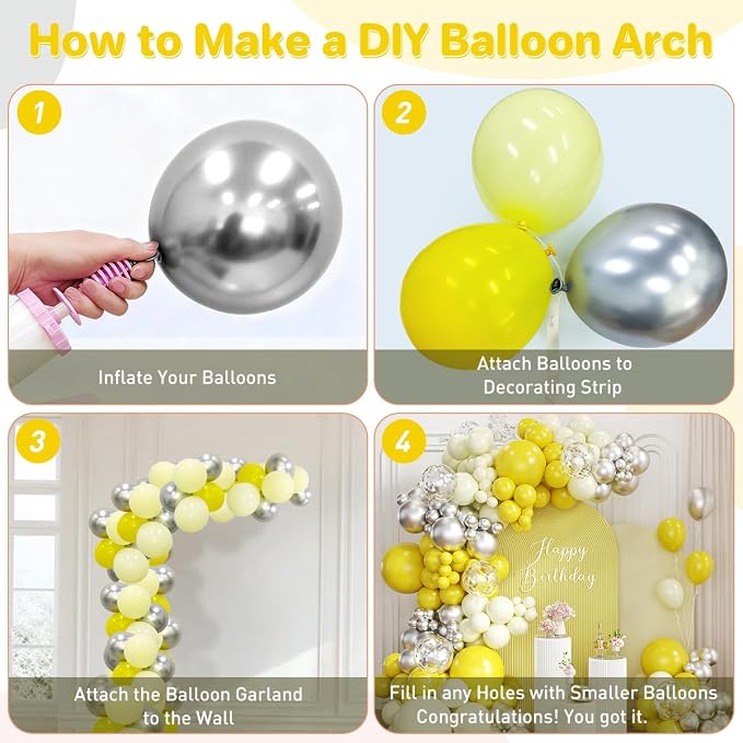 Yellow Silver Balloon Garland Arch Kit, 167Pcs Latex Balloons Different Sizes 18 12 10 5 inch for Birthday Bee themed Baby Shower Graduation Wedding Party Decorations