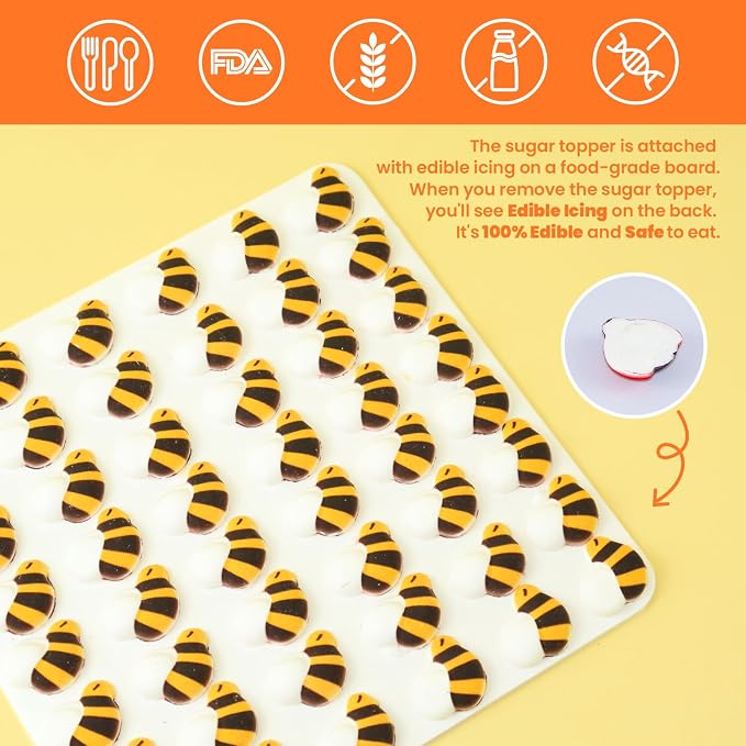 Edible Bee Cake Decorations, Royal Icing Bee for Cupcake Topper, Edible Bee Sprinkles Sugar for Cakes Cupcakes Cookies Chocolate Macarons Baking Baby Shower Decoration, 48 pcs
