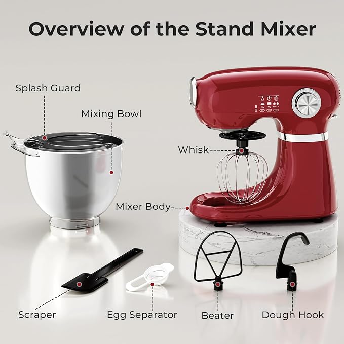 Stand Mixer,12 Speed Tilt-Head Electric Mixer With 5.3 Quart Stainless Steel Mixing Bowl, Portable Kitchen Mixer With Whisk, Dough Hook, Beater & Baking Spatula, Red