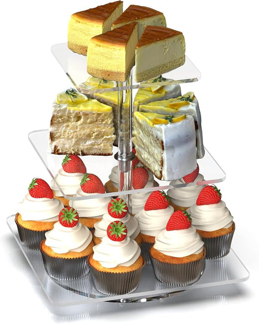 3-Tier Rotating Cupcake Stand, Clear Acrylic 360° Spinning Dessert Display Tower for Cakes & Pastries, Serving Stand for Weddings, Birthdays, Parties - Square