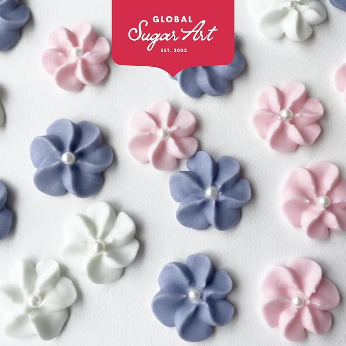 Mini Edible Royal Icing Flowers (180 Count), Petite Edible Flower Cake Decorations, Edible Flowers for Cupcakes, Flowers with Pearl Sprinkles for Cakes & Cupcakes, Global Sugar Art (White, 180 Count)