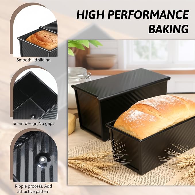2 Pack Black Pullman Loaf Pan with Lid, Non-Stick Bread Pan for Sourdough, 2.2lb & 1lb Carbon Steel Corrugated Square Toast Tin, Carbon Steel Toast Box with Cover for Homemade Bread Sandwich