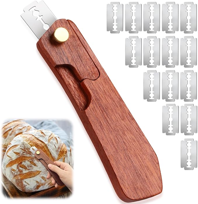 Bread Lame Dough Scoring Tool and 15 Razor Blades, Upgraded Wooden Dough Scorer Knife with 2 Magnetic for Convenient Storage, Bread Scorers Tool for Breads Baking, Homemade Bread（Black Walnut）