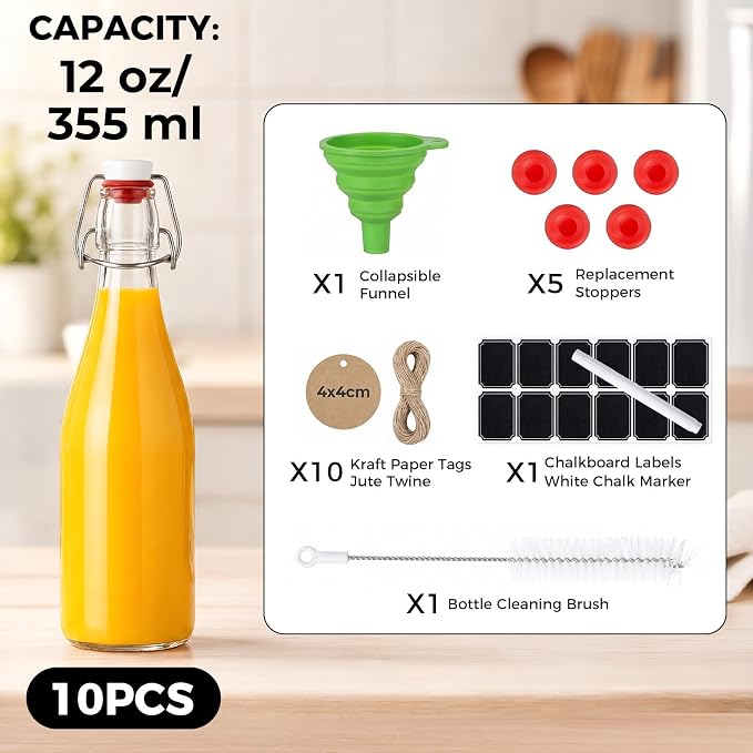 Ruckae Swing Top Glass Bottles,Flip Top Glass Bottle with Lids Sealable Kombucha Bottle for Brew Beer Syrup Vanilla Extract Air Tight Bottles for Gift (12 oz 10 pack)